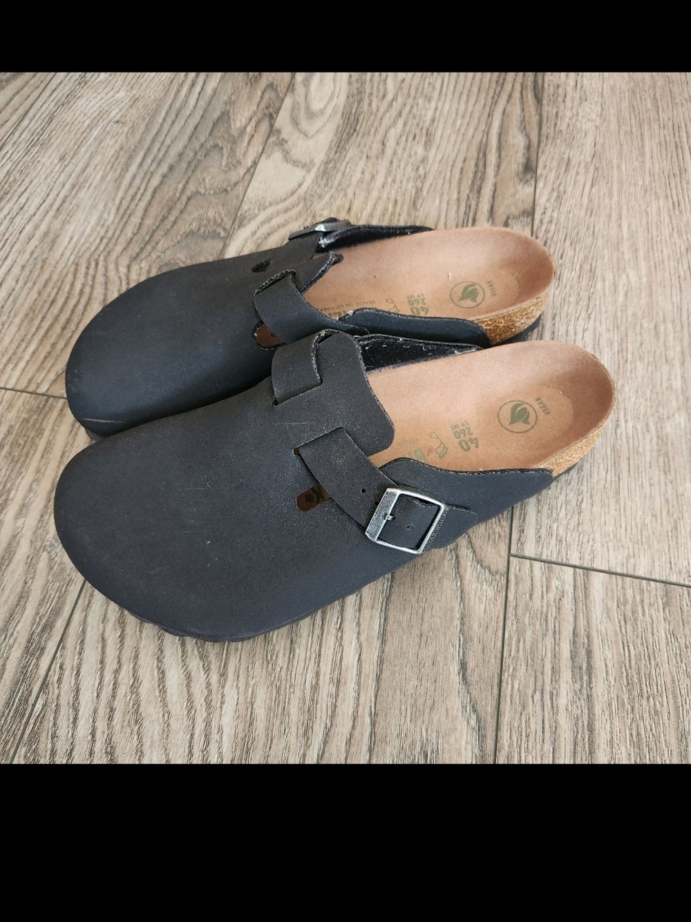 Birkenstock Black Boston Suede Clogs with Silver Buckle